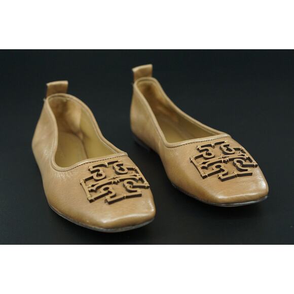 Tory Burch Ines Ballet Flat Leather Size 7.5 Square Toe Logo Tan Almond Rare - Picture 9 of 9